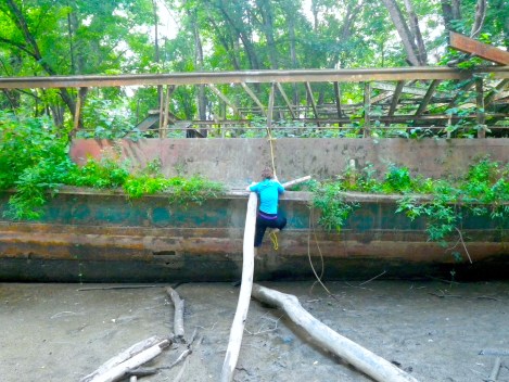 Someone tied a rope and pushed a tree trunk up but it still required some skill. 