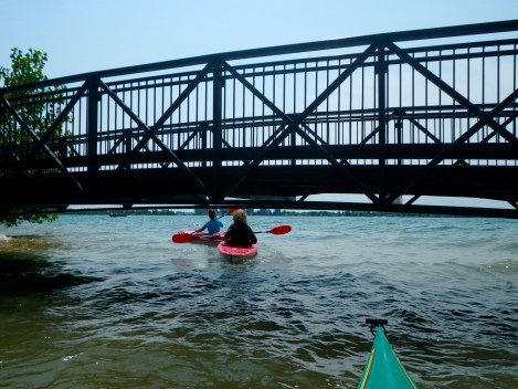 Going under the foot bridge to the Detroit River.
